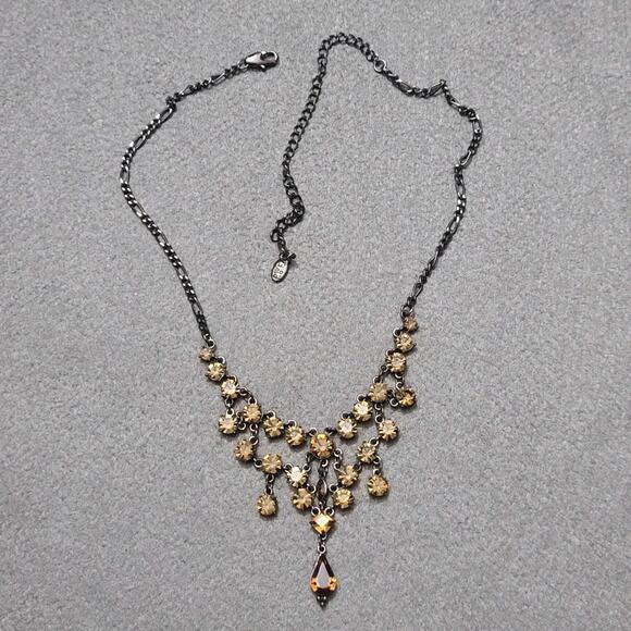 Gunmetal Chandelier Amber Rhinestone Crystal Statement Necklace - Picture 2 of 7